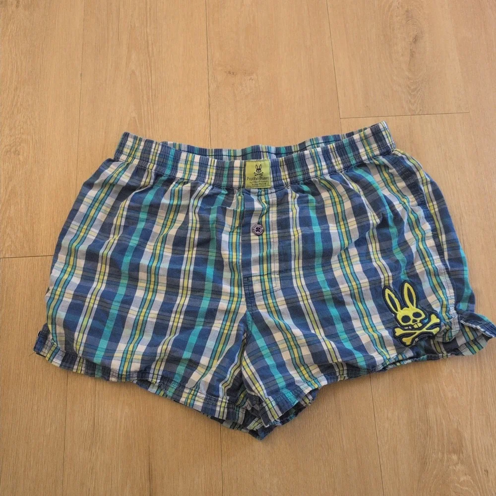 Psycho Bunny Mens Blue Green Plaid Cotton Woven Boxer Shorts Logo Medium